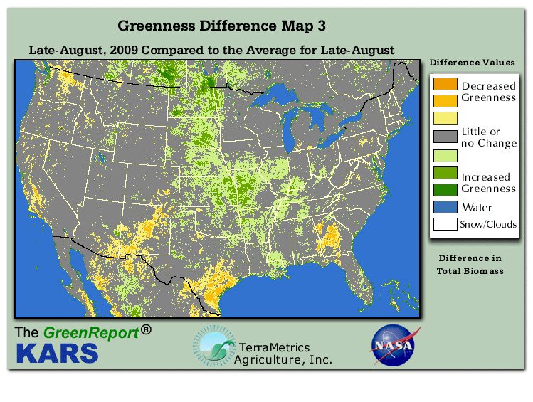 Color-coded U.S. vegetation greeness index map for Period 34 of 2009, illustrating spatial variations in plant vigor, with greener tones indicating higher biomass and browner tones indicating stressed vegetation,
              comparing current crop/vegetation change in biomass to the 20-year greenness average.
