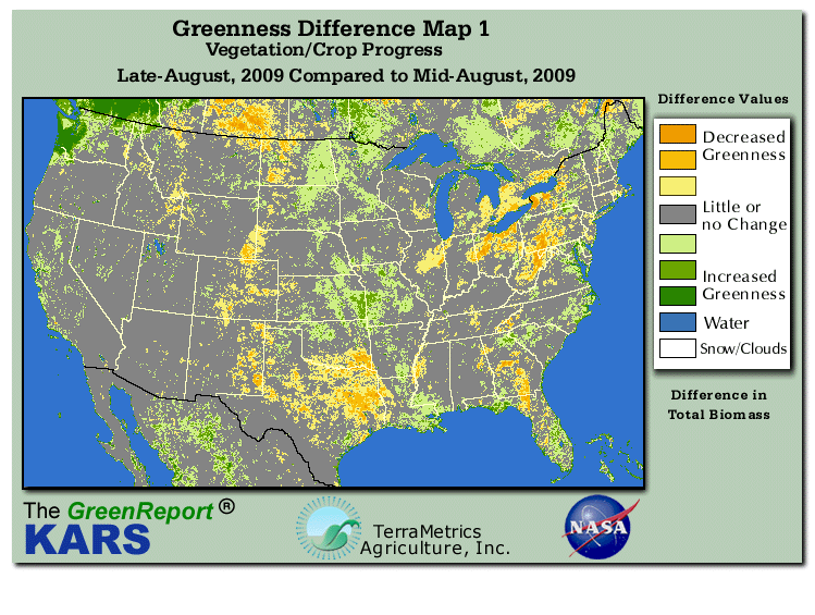 Color-coded U.S. vegetation greeness index map for Period 35 of 2009, illustrating spatial variations in plant vigor, with greener tones indicating higher biomass and browner tones indicating stressed vegetation,
              comparing current crop/vegetation change in biomass to the previous week within the same year.