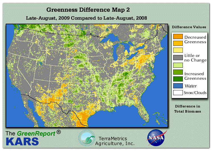 Color-coded U.S. vegetation greeness index map for Period 35 of 2009, illustrating spatial variations in plant vigor, with greener tones indicating higher biomass and browner tones indicating stressed vegetation,
              comparing current crop/vegetation change in biomass to same period from the previous year.