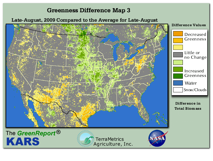Color-coded U.S. vegetation greeness index map for Period 35 of 2009, illustrating spatial variations in plant vigor, with greener tones indicating higher biomass and browner tones indicating stressed vegetation,
              comparing current crop/vegetation change in biomass to the 20-year greenness average.