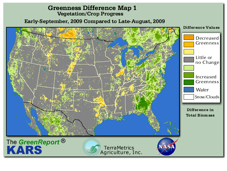 Color-coded U.S. vegetation greeness index map for Period 36 of 2009, illustrating spatial variations in plant vigor, with greener tones indicating higher biomass and browner tones indicating stressed vegetation,
              comparing current crop/vegetation change in biomass to the previous week within the same year.
