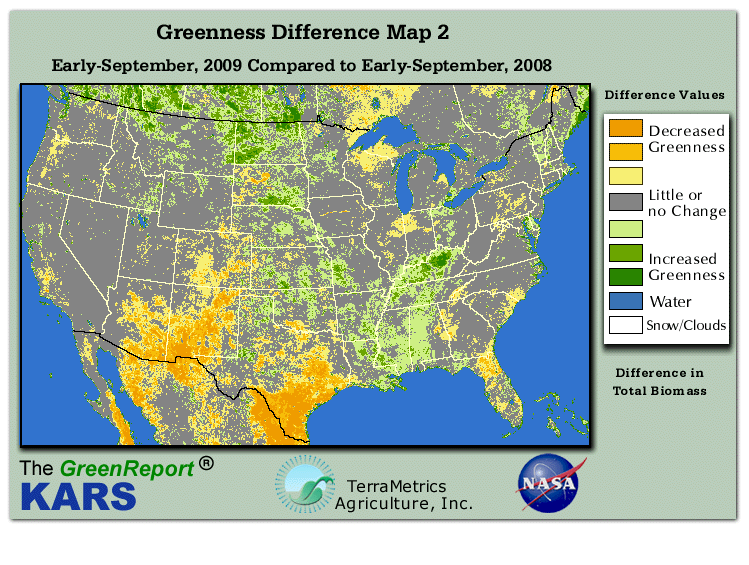 Color-coded U.S. vegetation greeness index map for Period 36 of 2009, illustrating spatial variations in plant vigor, with greener tones indicating higher biomass and browner tones indicating stressed vegetation,
              comparing current crop/vegetation change in biomass to same period from the previous year.