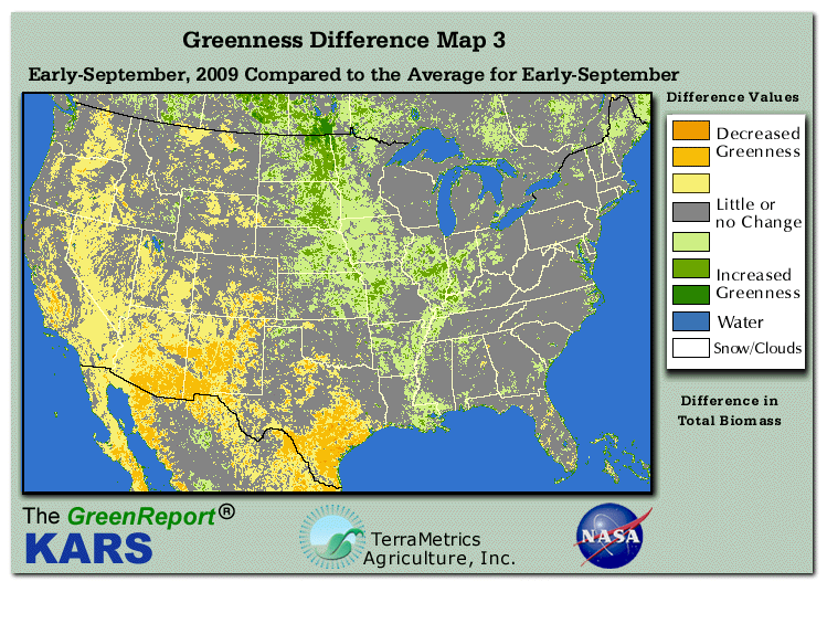 Color-coded U.S. vegetation greeness index map for Period 36 of 2009, illustrating spatial variations in plant vigor, with greener tones indicating higher biomass and browner tones indicating stressed vegetation,
              comparing current crop/vegetation change in biomass to the 20-year greenness average.