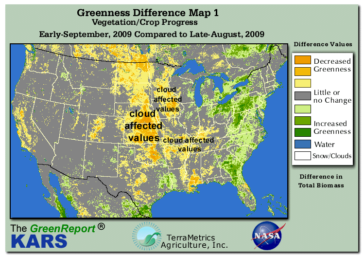 Color-coded U.S. vegetation greeness index map for Period 37 of 2009, illustrating spatial variations in plant vigor, with greener tones indicating higher biomass and browner tones indicating stressed vegetation,
              comparing current crop/vegetation change in biomass to the previous week within the same year.