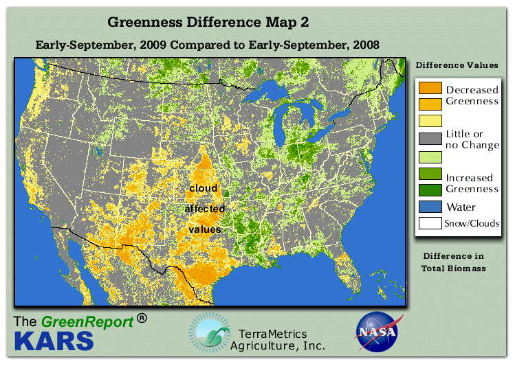 Color-coded U.S. vegetation greeness index map for Period 37 of 2009, illustrating spatial variations in plant vigor, with greener tones indicating higher biomass and browner tones indicating stressed vegetation,
              comparing current crop/vegetation change in biomass to same period from the previous year.