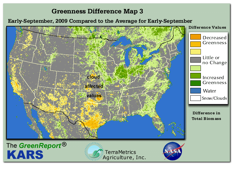 Color-coded U.S. vegetation greeness index map for Period 37 of 2009, illustrating spatial variations in plant vigor, with greener tones indicating higher biomass and browner tones indicating stressed vegetation,
              comparing current crop/vegetation change in biomass to the 20-year greenness average.