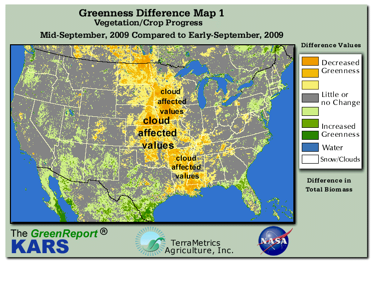 Color-coded U.S. vegetation greeness index map for Period 38 of 2009, illustrating spatial variations in plant vigor, with greener tones indicating higher biomass and browner tones indicating stressed vegetation,
              comparing current crop/vegetation change in biomass to the previous week within the same year.