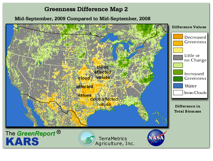 Color-coded U.S. vegetation greeness index map for Period 38 of 2009, illustrating spatial variations in plant vigor, with greener tones indicating higher biomass and browner tones indicating stressed vegetation,
              comparing current crop/vegetation change in biomass to same period from the previous year.