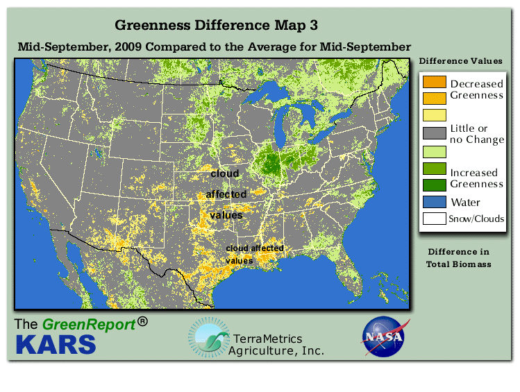 Color-coded U.S. vegetation greeness index map for Period 38 of 2009, illustrating spatial variations in plant vigor, with greener tones indicating higher biomass and browner tones indicating stressed vegetation,
              comparing current crop/vegetation change in biomass to the 20-year greenness average.