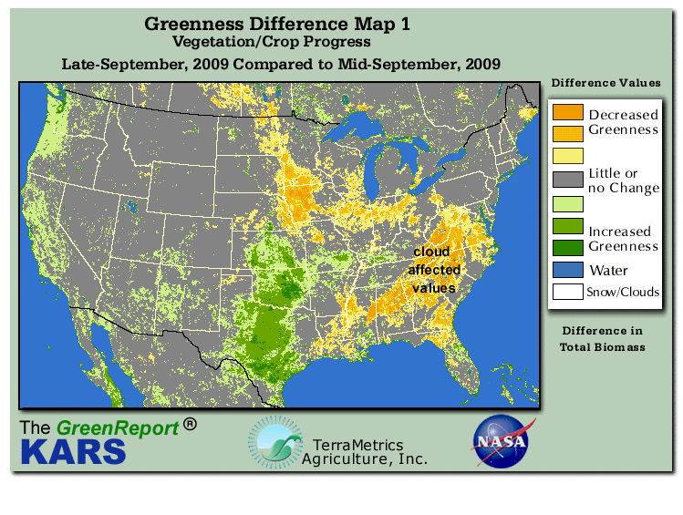 Color-coded U.S. vegetation greeness index map for Period 39 of 2009, illustrating spatial variations in plant vigor, with greener tones indicating higher biomass and browner tones indicating stressed vegetation,
              comparing current crop/vegetation change in biomass to the previous week within the same year.