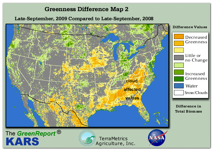 Color-coded U.S. vegetation greeness index map for Period 39 of 2009, illustrating spatial variations in plant vigor, with greener tones indicating higher biomass and browner tones indicating stressed vegetation,
              comparing current crop/vegetation change in biomass to same period from the previous year.
