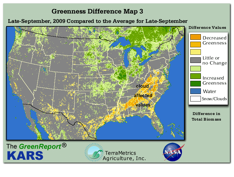 Color-coded U.S. vegetation greeness index map for Period 39 of 2009, illustrating spatial variations in plant vigor, with greener tones indicating higher biomass and browner tones indicating stressed vegetation,
              comparing current crop/vegetation change in biomass to the 20-year greenness average.