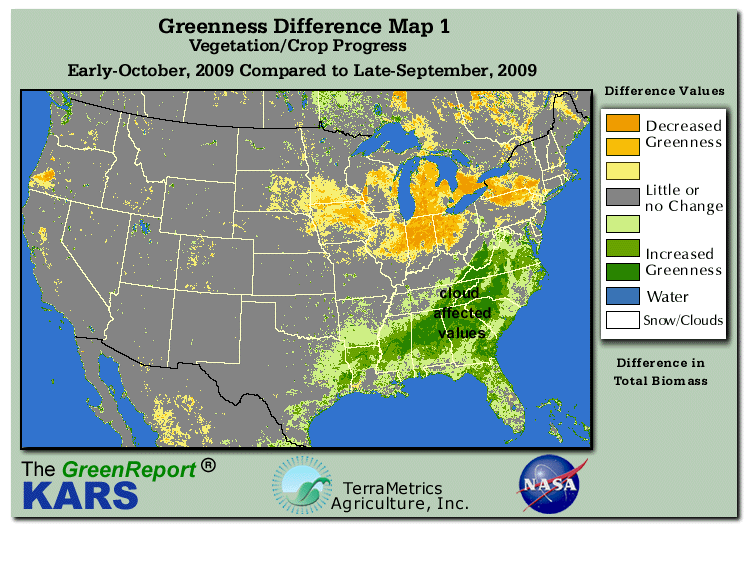 Color-coded U.S. vegetation greeness index map for Period 40 of 2009, illustrating spatial variations in plant vigor, with greener tones indicating higher biomass and browner tones indicating stressed vegetation,
              comparing current crop/vegetation change in biomass to the previous week within the same year.