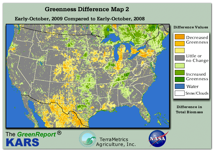 Color-coded U.S. vegetation greeness index map for Period 40 of 2009, illustrating spatial variations in plant vigor, with greener tones indicating higher biomass and browner tones indicating stressed vegetation,
              comparing current crop/vegetation change in biomass to same period from the previous year.