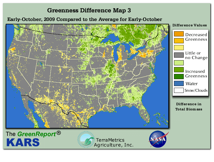 Color-coded U.S. vegetation greeness index map for Period 40 of 2009, illustrating spatial variations in plant vigor, with greener tones indicating higher biomass and browner tones indicating stressed vegetation,
              comparing current crop/vegetation change in biomass to the 20-year greenness average.