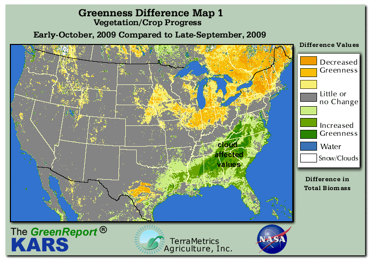 Color-coded U.S. vegetation greeness index map for Period 41 of 2009, illustrating spatial variations in plant vigor, with greener tones indicating higher biomass and browner tones indicating stressed vegetation,
              comparing current crop/vegetation change in biomass to the previous week within the same year.