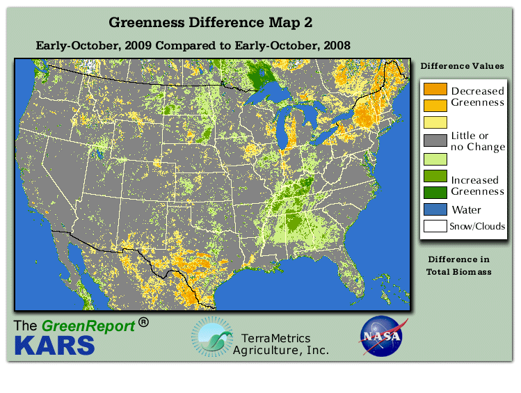Color-coded U.S. vegetation greeness index map for Period 41 of 2009, illustrating spatial variations in plant vigor, with greener tones indicating higher biomass and browner tones indicating stressed vegetation,
              comparing current crop/vegetation change in biomass to same period from the previous year.