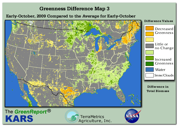 Color-coded U.S. vegetation greeness index map for Period 41 of 2009, illustrating spatial variations in plant vigor, with greener tones indicating higher biomass and browner tones indicating stressed vegetation,
              comparing current crop/vegetation change in biomass to the 20-year greenness average.