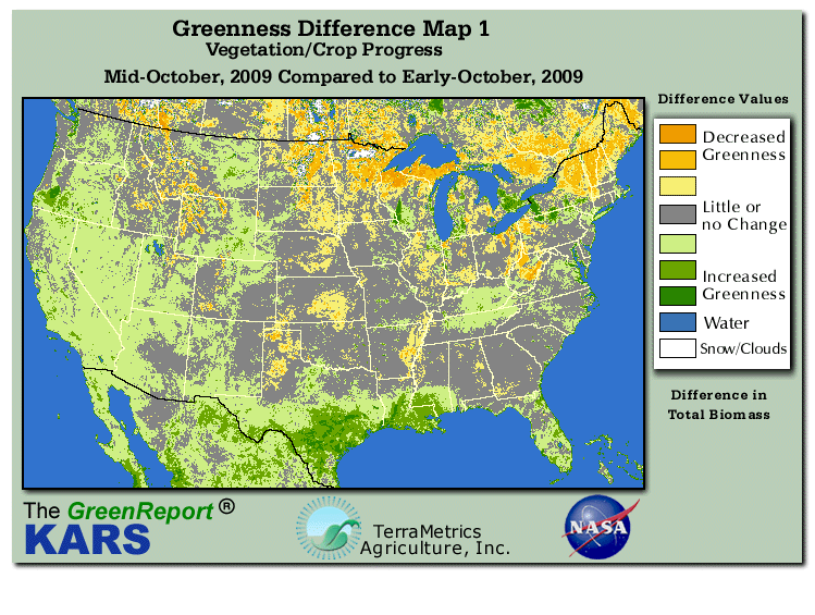 Color-coded U.S. vegetation greeness index map for Period 42 of 2009, illustrating spatial variations in plant vigor, with greener tones indicating higher biomass and browner tones indicating stressed vegetation,
              comparing current crop/vegetation change in biomass to the previous week within the same year.