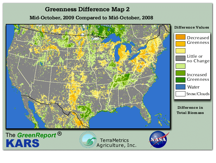 Color-coded U.S. vegetation greeness index map for Period 42 of 2009, illustrating spatial variations in plant vigor, with greener tones indicating higher biomass and browner tones indicating stressed vegetation,
              comparing current crop/vegetation change in biomass to same period from the previous year.