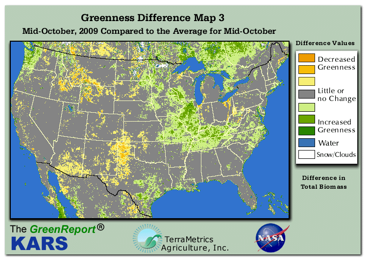 Color-coded U.S. vegetation greeness index map for Period 42 of 2009, illustrating spatial variations in plant vigor, with greener tones indicating higher biomass and browner tones indicating stressed vegetation,
              comparing current crop/vegetation change in biomass to the 20-year greenness average.