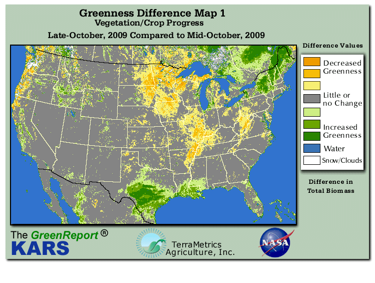 Color-coded U.S. vegetation greeness index map for Period 43 of 2009, illustrating spatial variations in plant vigor, with greener tones indicating higher biomass and browner tones indicating stressed vegetation,
              comparing current crop/vegetation change in biomass to the previous week within the same year.