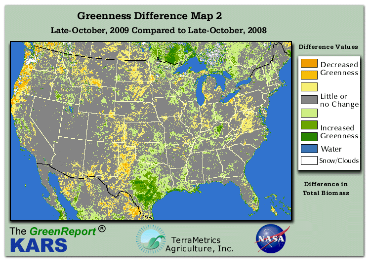 Color-coded U.S. vegetation greeness index map for Period 43 of 2009, illustrating spatial variations in plant vigor, with greener tones indicating higher biomass and browner tones indicating stressed vegetation,
              comparing current crop/vegetation change in biomass to same period from the previous year.