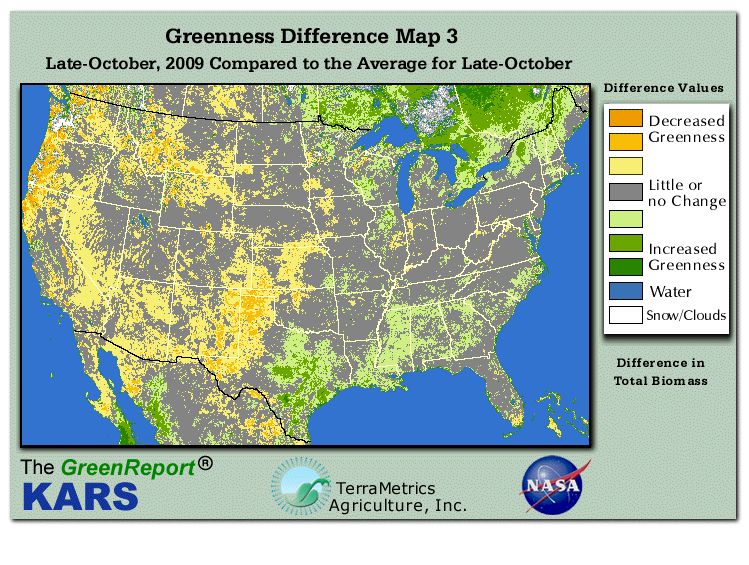 Color-coded U.S. vegetation greeness index map for Period 43 of 2009, illustrating spatial variations in plant vigor, with greener tones indicating higher biomass and browner tones indicating stressed vegetation,
              comparing current crop/vegetation change in biomass to the 20-year greenness average.