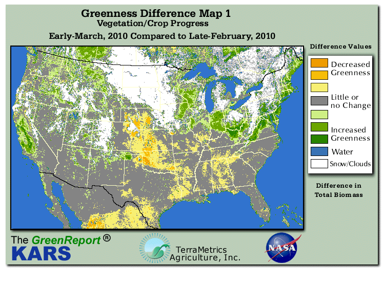 Color-coded U.S. vegetation greeness index map for Period 11 of 2010, illustrating spatial variations in plant vigor, with greener tones indicating higher biomass and browner tones indicating stressed vegetation,
              comparing current crop/vegetation change in biomass to the previous week within the same year.