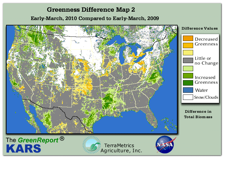Color-coded U.S. vegetation greeness index map for Period 11 of 2010, illustrating spatial variations in plant vigor, with greener tones indicating higher biomass and browner tones indicating stressed vegetation,
              comparing current crop/vegetation change in biomass to same period from the previous year.