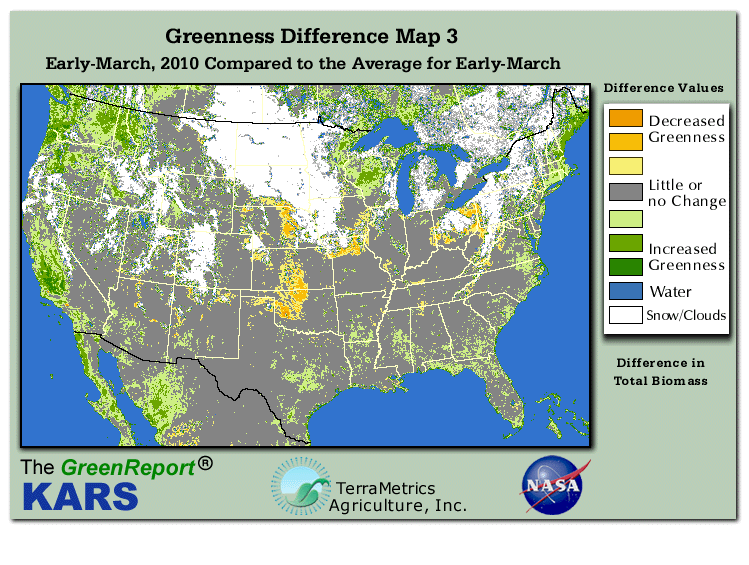 Color-coded U.S. vegetation greeness index map for Period 11 of 2010, illustrating spatial variations in plant vigor, with greener tones indicating higher biomass and browner tones indicating stressed vegetation,
              comparing current crop/vegetation change in biomass to the 20-year greenness average.