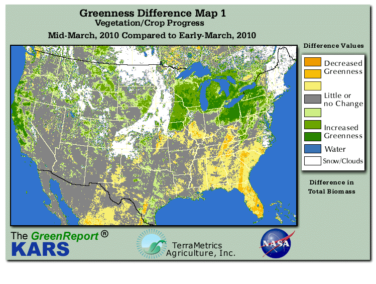 Color-coded U.S. vegetation greeness index map for Period 12 of 2010, illustrating spatial variations in plant vigor, with greener tones indicating higher biomass and browner tones indicating stressed vegetation,
              comparing current crop/vegetation change in biomass to the previous week within the same year.