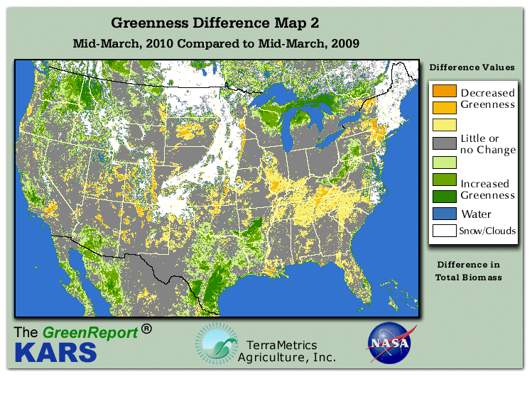 Color-coded U.S. vegetation greeness index map for Period 12 of 2010, illustrating spatial variations in plant vigor, with greener tones indicating higher biomass and browner tones indicating stressed vegetation,
              comparing current crop/vegetation change in biomass to same period from the previous year.