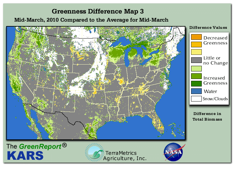 Color-coded U.S. vegetation greeness index map for Period 12 of 2010, illustrating spatial variations in plant vigor, with greener tones indicating higher biomass and browner tones indicating stressed vegetation,
              comparing current crop/vegetation change in biomass to the 20-year greenness average.