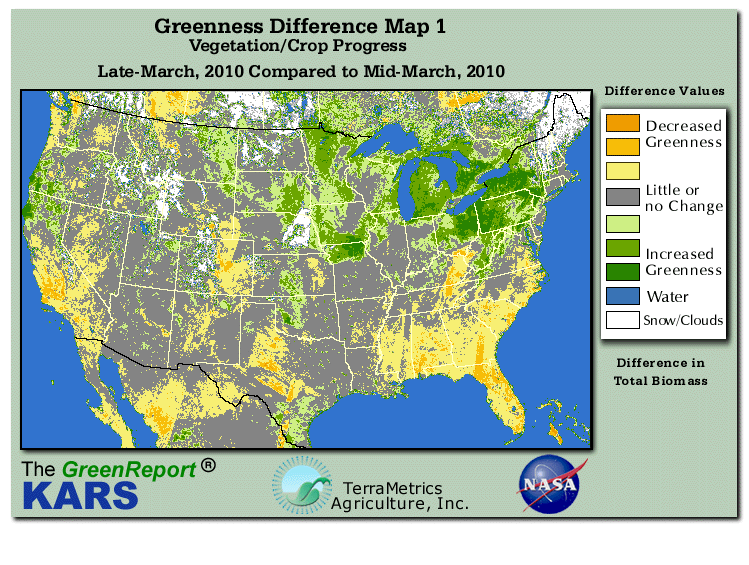 Color-coded U.S. vegetation greeness index map for Period 13 of 2010, illustrating spatial variations in plant vigor, with greener tones indicating higher biomass and browner tones indicating stressed vegetation,
              comparing current crop/vegetation change in biomass to the previous week within the same year.