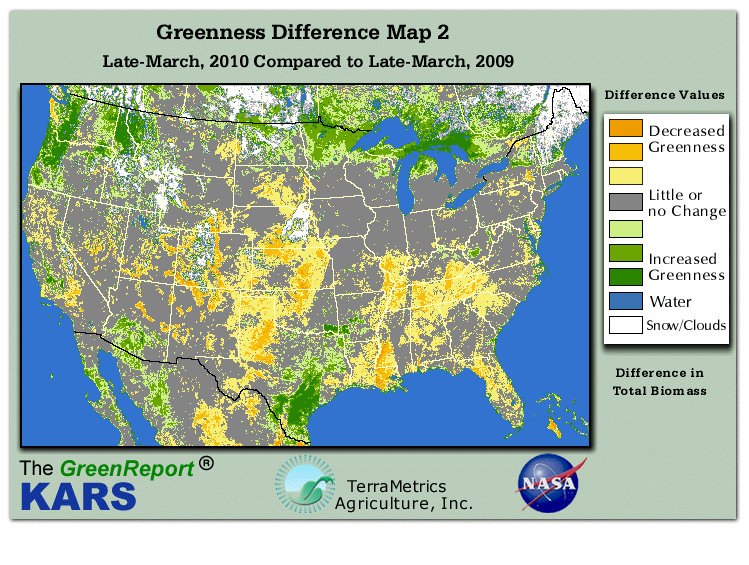 Color-coded U.S. vegetation greeness index map for Period 13 of 2010, illustrating spatial variations in plant vigor, with greener tones indicating higher biomass and browner tones indicating stressed vegetation,
              comparing current crop/vegetation change in biomass to same period from the previous year.