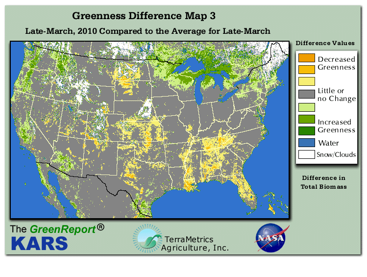 Color-coded U.S. vegetation greeness index map for Period 13 of 2010, illustrating spatial variations in plant vigor, with greener tones indicating higher biomass and browner tones indicating stressed vegetation,
              comparing current crop/vegetation change in biomass to the 20-year greenness average.