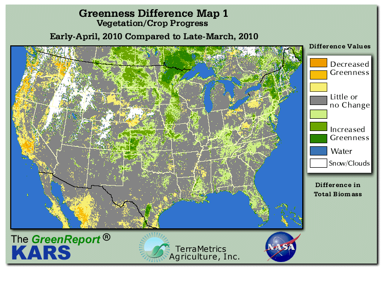 Color-coded U.S. vegetation greeness index map for Period 14 of 2010, illustrating spatial variations in plant vigor, with greener tones indicating higher biomass and browner tones indicating stressed vegetation,
              comparing current crop/vegetation change in biomass to the previous week within the same year.