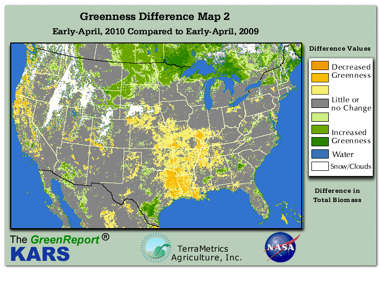 Color-coded U.S. vegetation greeness index map for Period 14 of 2010, illustrating spatial variations in plant vigor, with greener tones indicating higher biomass and browner tones indicating stressed vegetation,
              comparing current crop/vegetation change in biomass to same period from the previous year.
