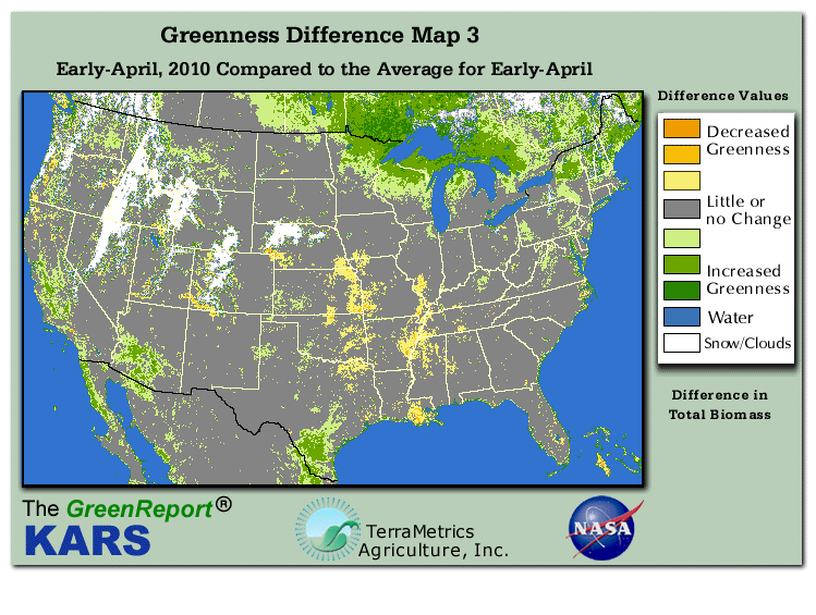Color-coded U.S. vegetation greeness index map for Period 14 of 2010, illustrating spatial variations in plant vigor, with greener tones indicating higher biomass and browner tones indicating stressed vegetation,
              comparing current crop/vegetation change in biomass to the 20-year greenness average.