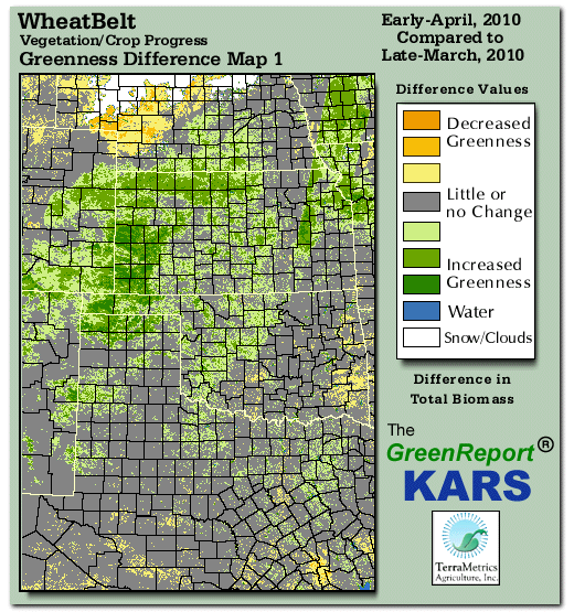 Color-coded Wheat Belt vegetation greeness index map for Period 14 of 2010, illustrating spatial variations in plant vigor, with greener tones indicating higher biomass and browner tones indicating stressed vegetation,
              comparing current crop/vegetation change in biomass to the previous week within the same year.