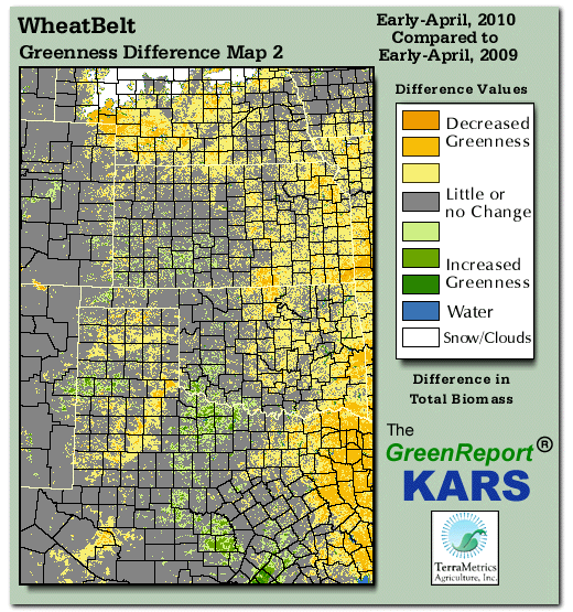 Color-coded Wheat Belt vegetation greeness index map for Period 14 of 2010, illustrating spatial variations in plant vigor, with greener tones indicating higher biomass and browner tones indicating stressed vegetation,
              comparing current crop/vegetation change in biomass to same period from the previous year.
