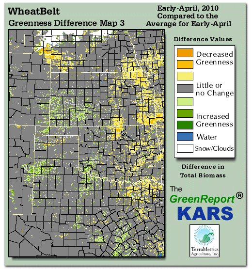 Color-coded Wheat Belt vegetation greeness index map for Period 14 of 2010, illustrating spatial variations in plant vigor, with greener tones indicating higher biomass and browner tones indicating stressed vegetation,
              comparing current crop/vegetation change in biomass to the 20-year greenness average.
