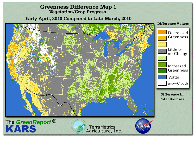 Color-coded U.S. vegetation greeness index map for Period 15 of 2010, illustrating spatial variations in plant vigor, with greener tones indicating higher biomass and browner tones indicating stressed vegetation,
              comparing current crop/vegetation change in biomass to the previous week within the same year.