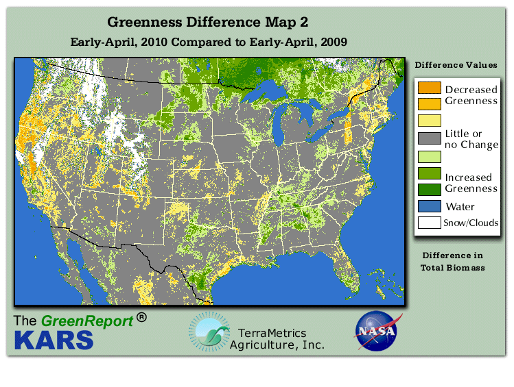 Color-coded U.S. vegetation greeness index map for Period 15 of 2010, illustrating spatial variations in plant vigor, with greener tones indicating higher biomass and browner tones indicating stressed vegetation,
              comparing current crop/vegetation change in biomass to same period from the previous year.