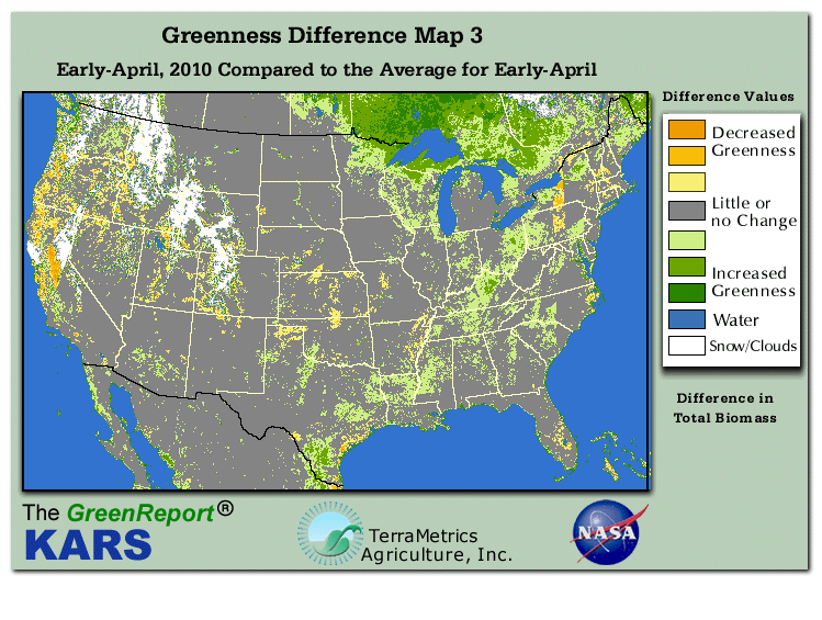 Color-coded U.S. vegetation greeness index map for Period 15 of 2010, illustrating spatial variations in plant vigor, with greener tones indicating higher biomass and browner tones indicating stressed vegetation,
              comparing current crop/vegetation change in biomass to the 20-year greenness average.