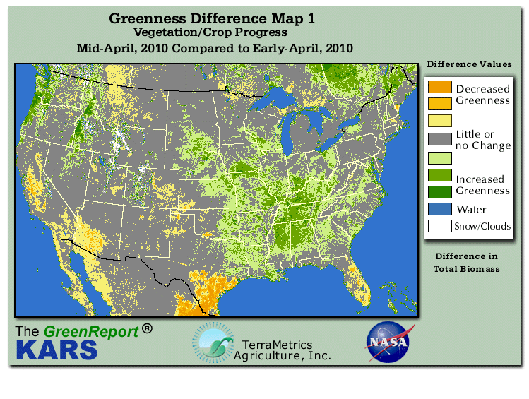 Color-coded U.S. vegetation greeness index map for Period 16 of 2010, illustrating spatial variations in plant vigor, with greener tones indicating higher biomass and browner tones indicating stressed vegetation,
              comparing current crop/vegetation change in biomass to the previous week within the same year.