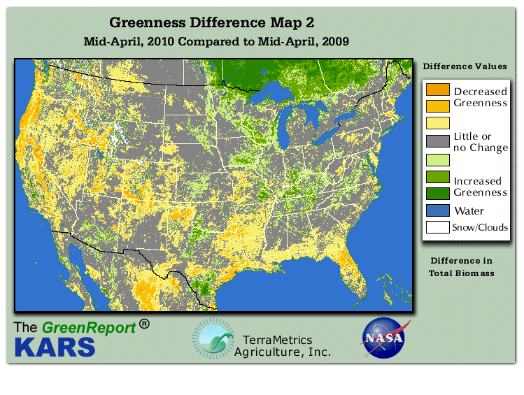 Color-coded U.S. vegetation greeness index map for Period 16 of 2010, illustrating spatial variations in plant vigor, with greener tones indicating higher biomass and browner tones indicating stressed vegetation,
              comparing current crop/vegetation change in biomass to same period from the previous year.