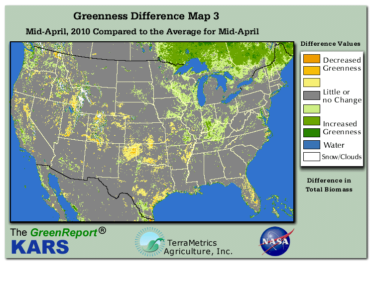 Color-coded U.S. vegetation greeness index map for Period 16 of 2010, illustrating spatial variations in plant vigor, with greener tones indicating higher biomass and browner tones indicating stressed vegetation,
              comparing current crop/vegetation change in biomass to the 20-year greenness average.