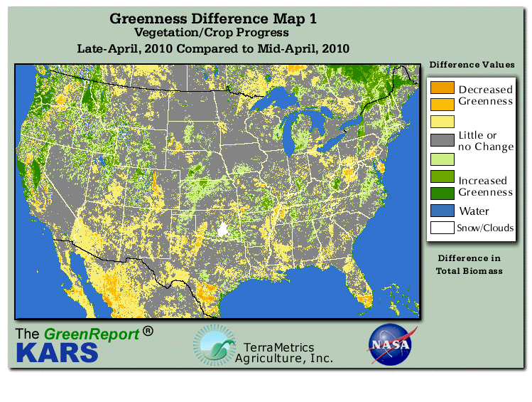 Color-coded U.S. vegetation greeness index map for Period 17 of 2010, illustrating spatial variations in plant vigor, with greener tones indicating higher biomass and browner tones indicating stressed vegetation,
              comparing current crop/vegetation change in biomass to the previous week within the same year.